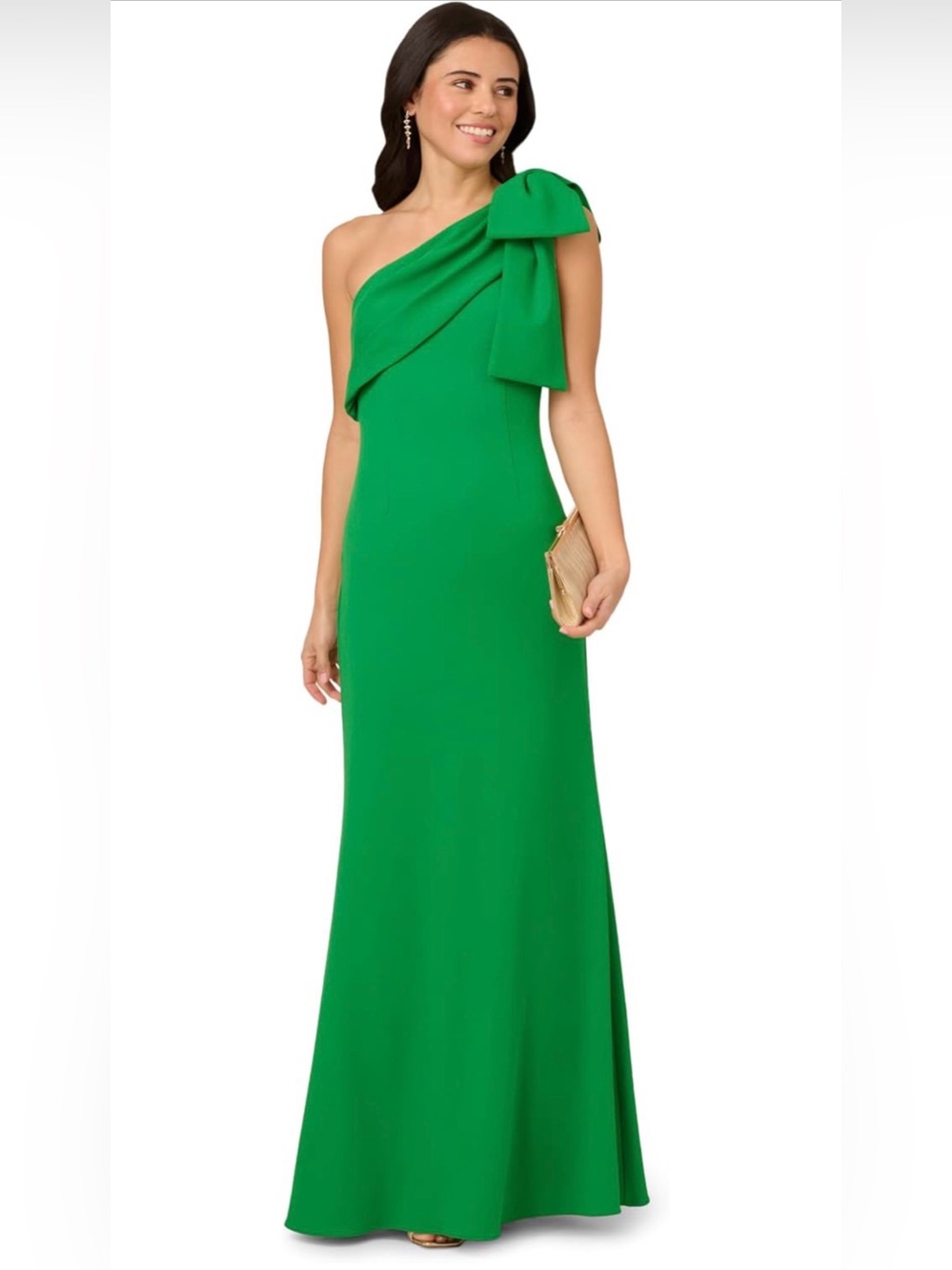 Adrianna Papell One-Shoulder Green Evening Gown with Shoulder Bow